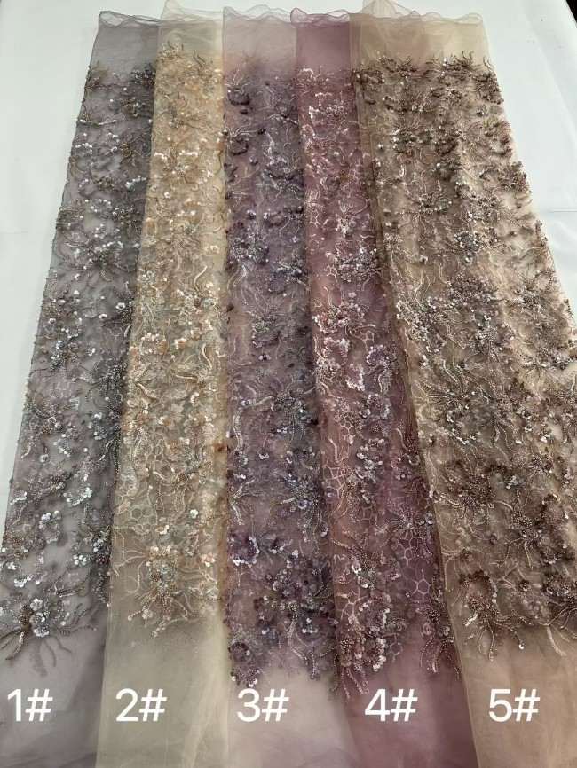 5 Yards Colorful Sequins Pearls Rhinestones Beaded Embroidered 3D Floral Lace Material Fabric For Dresses HN179