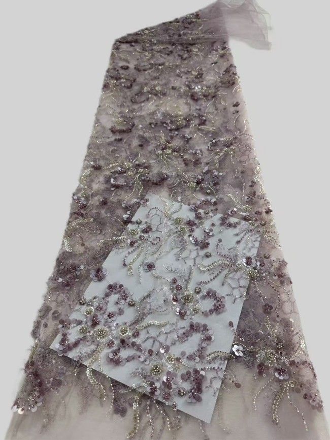 5 Yards Colorful Sequins Pearls Rhinestones Beaded Embroidered 3D Floral Lace Material Fabric For Dresses HN179