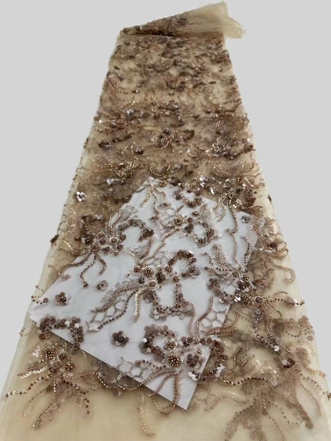 5 Yards Colorful Sequins Pearls Rhinestones Beaded Embroidered 3D Floral Lace Material Fabric For Dresses HN179