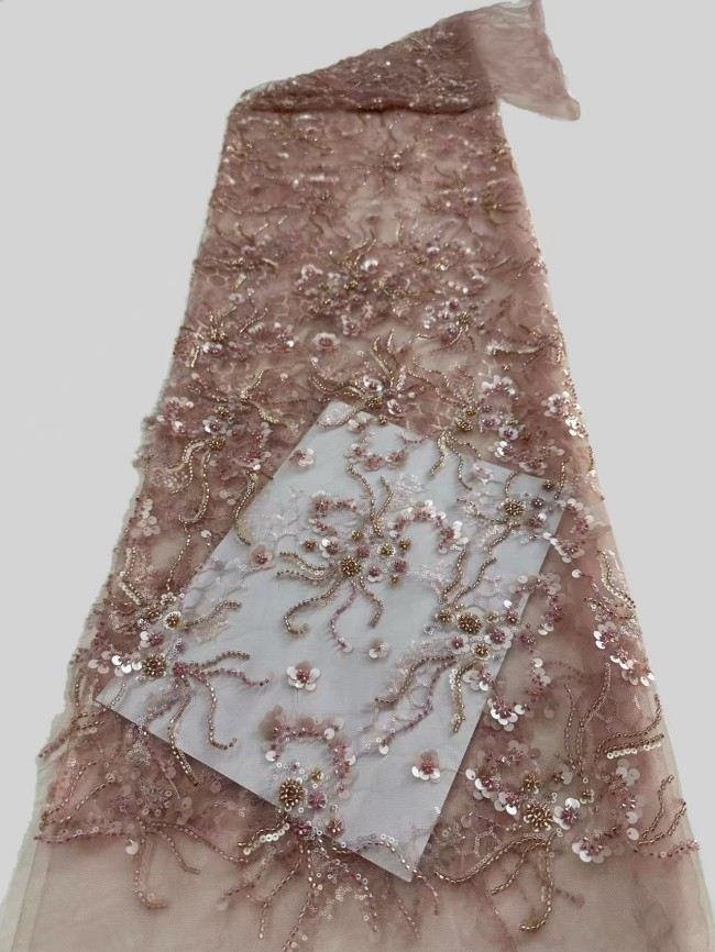 5 Yards Colorful Sequins Pearls Rhinestones Beaded Embroidered 3D Floral Lace Material Fabric For Dresses HN179