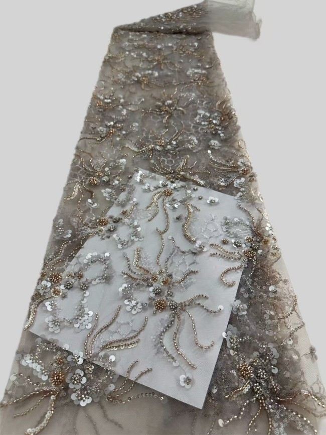 5 Yards Colorful Sequins Pearls Rhinestones Beaded Embroidered 3D Floral Lace Material Fabric For Dresses HN179