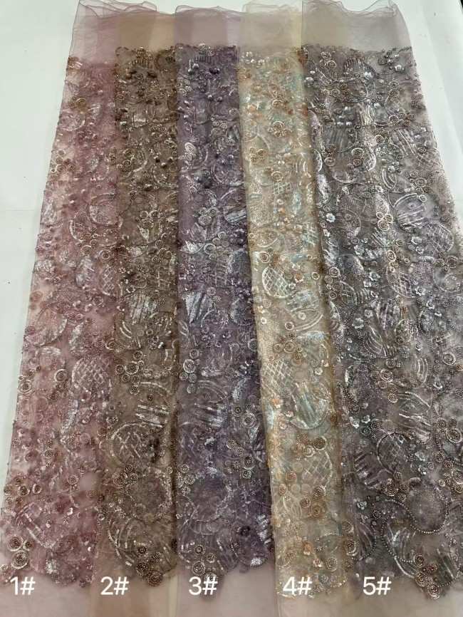 5 Yards Colorful Sequins Pearls Rhinestones Beaded Embroidered 3D Floral Lace Material Fabric For Dresses HN180