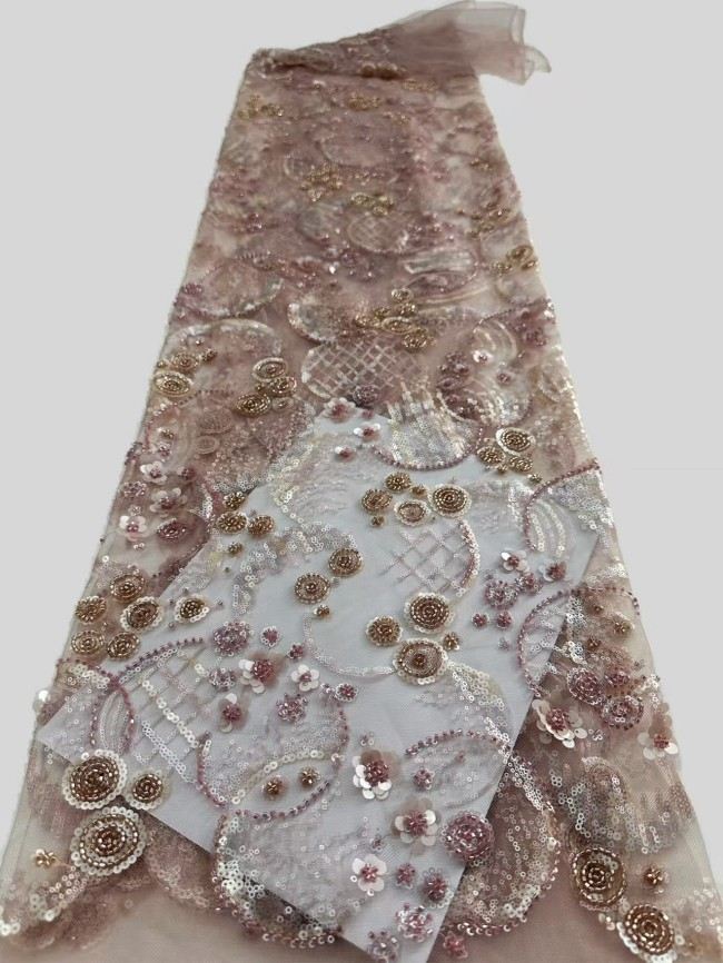 5 Yards Colorful Sequins Pearls Rhinestones Beaded Embroidered 3D Floral Lace Material Fabric For Dresses HN180