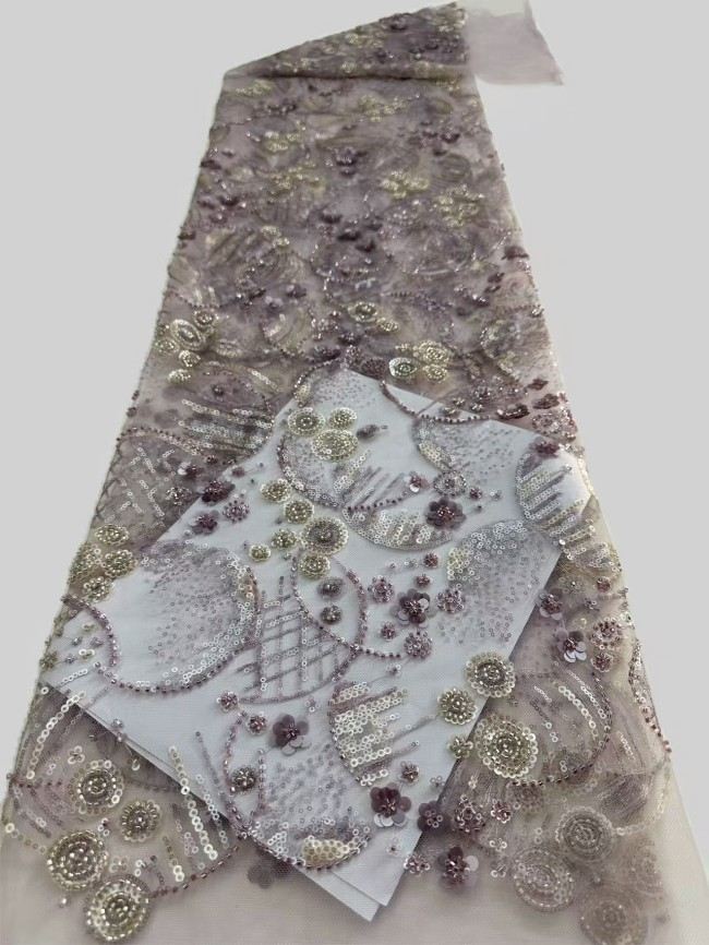 5 Yards Colorful Sequins Pearls Rhinestones Beaded Embroidered 3D Floral Lace Material Fabric For Dresses HN180