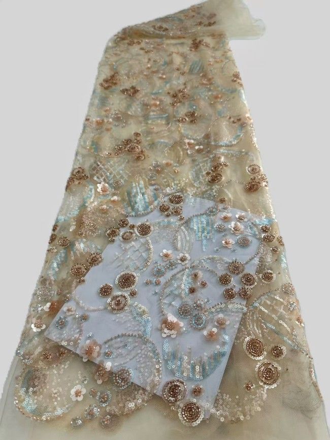 5 Yards Colorful Sequins Pearls Rhinestones Beaded Embroidered 3D Floral Lace Material Fabric For Dresses HN180