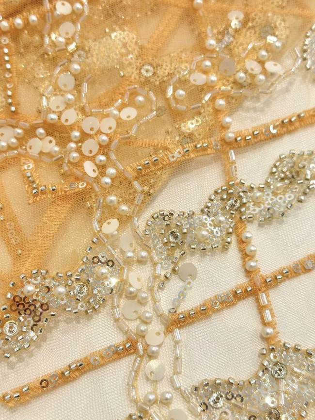 5 Yards Colorful Sequins Pearls Rhinestones Beaded Embroidered 3D Floral Lace Fabric Material For Dressmaking HN188