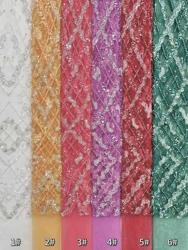 5 Yards Colorful Sequins Pearls Rhinestones Beaded Embroidered 3D Floral Lace Fabric Material For Dressmaking HN188