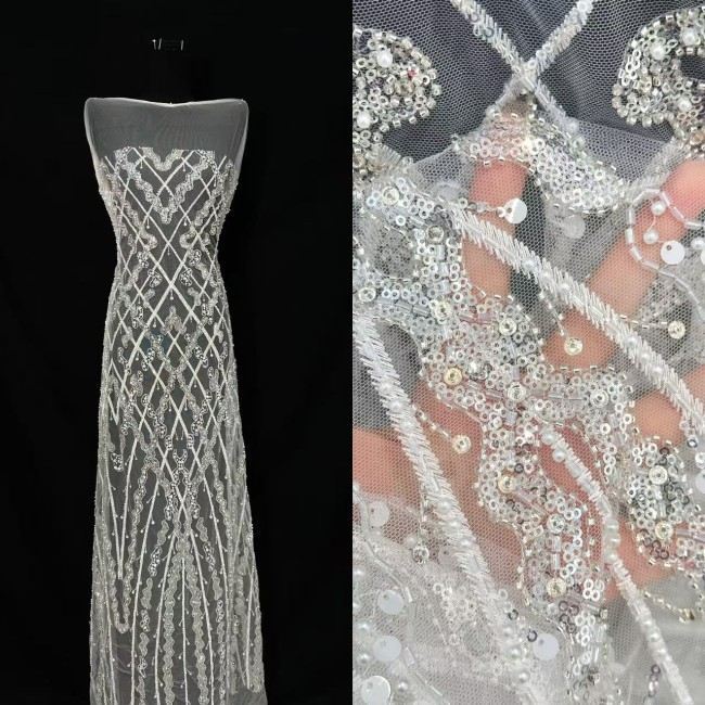 5 Yards Colorful Sequins Pearls Rhinestones Beaded Embroidered 3D Floral Lace Fabric Material For Dressmaking HN188