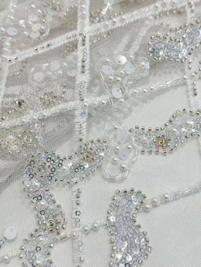 5 Yards Colorful Sequins Pearls Rhinestones Beaded Embroidered 3D Floral Lace Fabric Material For Dressmaking HN188