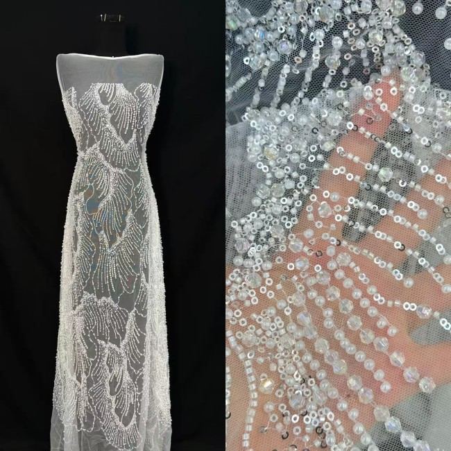 5 Yards Colorful Sequins Pearls Rhinestones Beaded Embroidered 3D Floral Lace Fabric Material For Dressmaking HN190