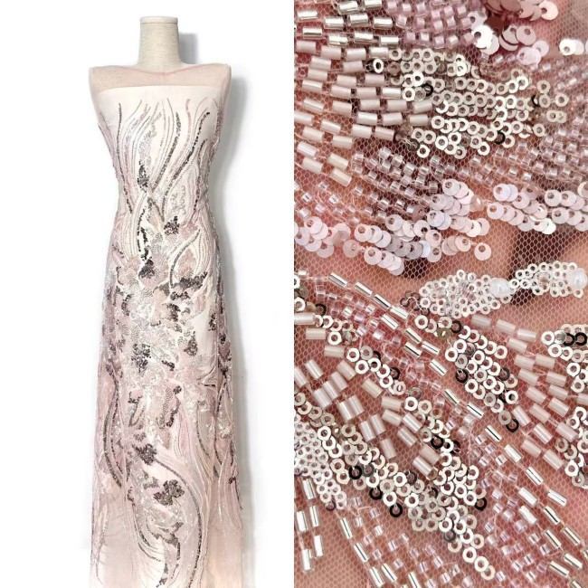 5 Yards Colorful Sequins Pearls Rhinestones Beaded Embroidered 3D Floral Lace Fabric Material For Dressmaking HN193