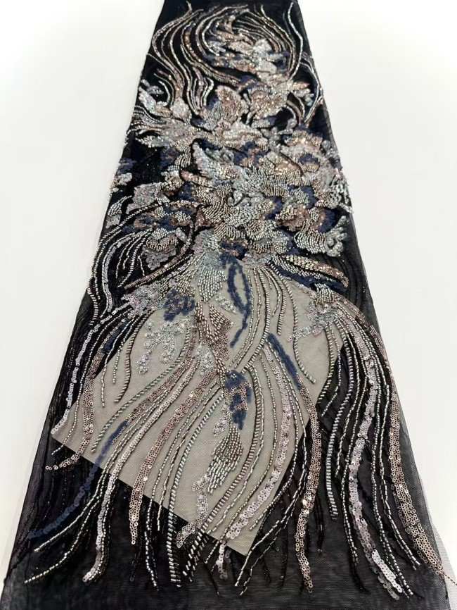 5 Yards Colorful Sequins Pearls Rhinestones Beaded Embroidered 3D Floral Lace Fabric Material For Dressmaking HN193