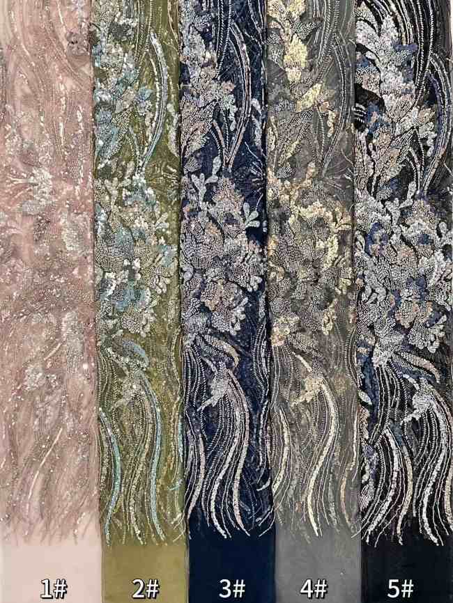 5 Yards Colorful Sequins Pearls Rhinestones Beaded Embroidered 3D Floral Lace Fabric Material For Dressmaking HN193