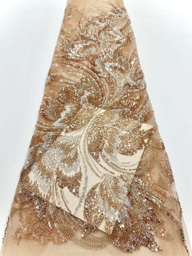 5 Yards Colorful Sequins Pearls Rhinestones Beaded Embroidered 3D Floral Lace Fabric Material For Dressmaking HN195