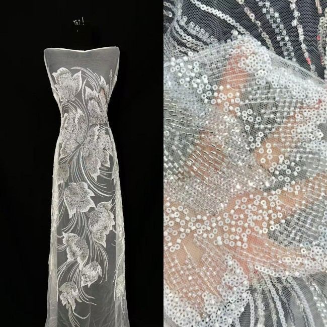 5 Yards Colorful Sequins Pearls Rhinestones Beaded Embroidered 3D Floral Lace Fabric Material For Dressmaking HN195