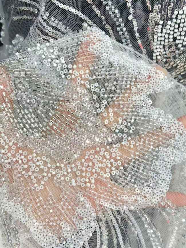 5 Yards Colorful Sequins Pearls Rhinestones Beaded Embroidered 3D Floral Lace Fabric Material For Dressmaking HN195