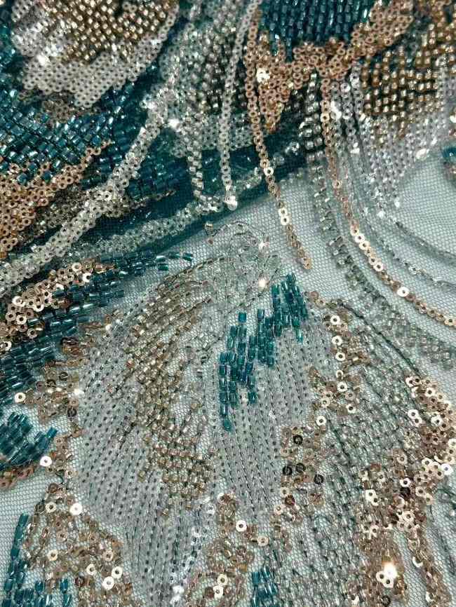 5 Yards Colorful Sequins Pearls Rhinestones Beaded Embroidered 3D Floral Lace Fabric Material For Dressmaking HN195