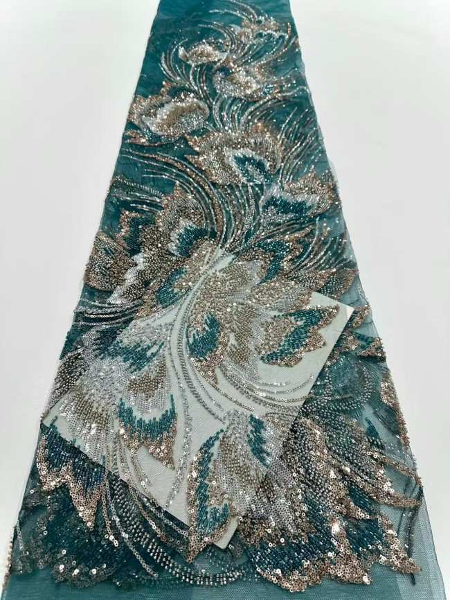 5 Yards Colorful Sequins Pearls Rhinestones Beaded Embroidered 3D Floral Lace Fabric Material For Dressmaking HN195