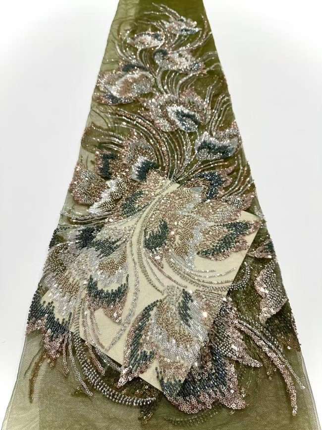 Luxury Multicolor Crystal Beaded Embroidered Lace Fabric – 5 Yards for Evening Dresses