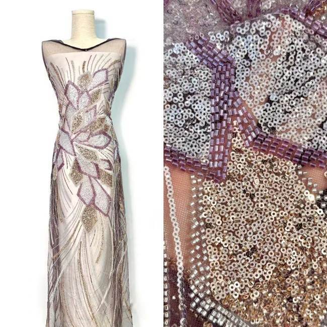 5 Yards Colorful Sequins Pearls Rhinestones Beaded Embroidered 3D Floral Lace Fabric Material For Dressmaking HN197