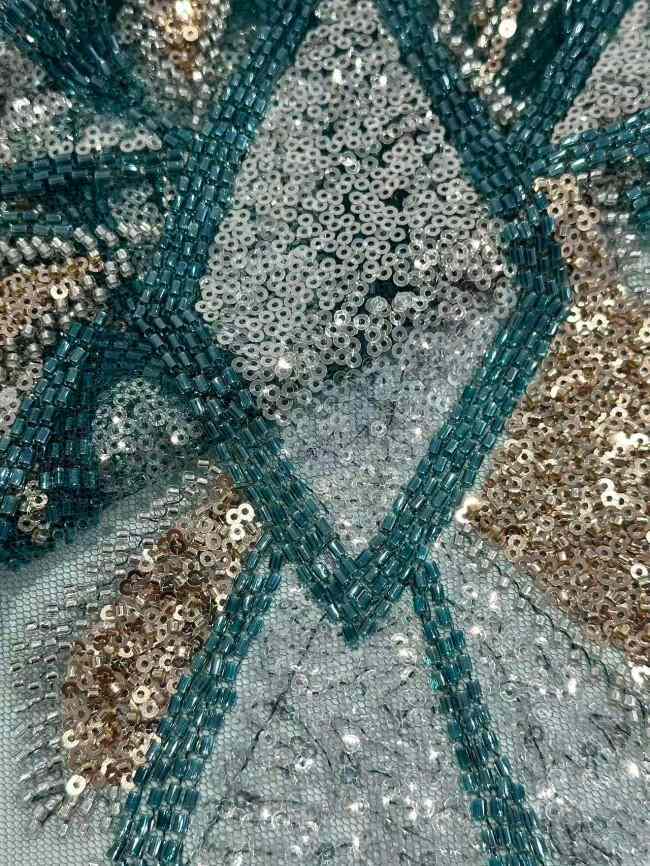 5 Yards Colorful Sequins Pearls Rhinestones Beaded Embroidered 3D Floral Lace Fabric Material For Dressmaking HN197