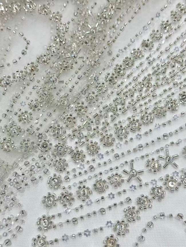 5 Yards Colorful Sequins Pearls Rhinestones Beaded Embroidered 3D Floral Lace Fabric Material For Dressmaking HN198