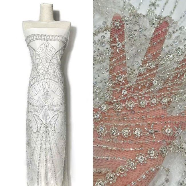 5 Yards Colorful Sequins Pearls Rhinestones Beaded Embroidered 3D Floral Lace Fabric Material For Dressmaking HN198