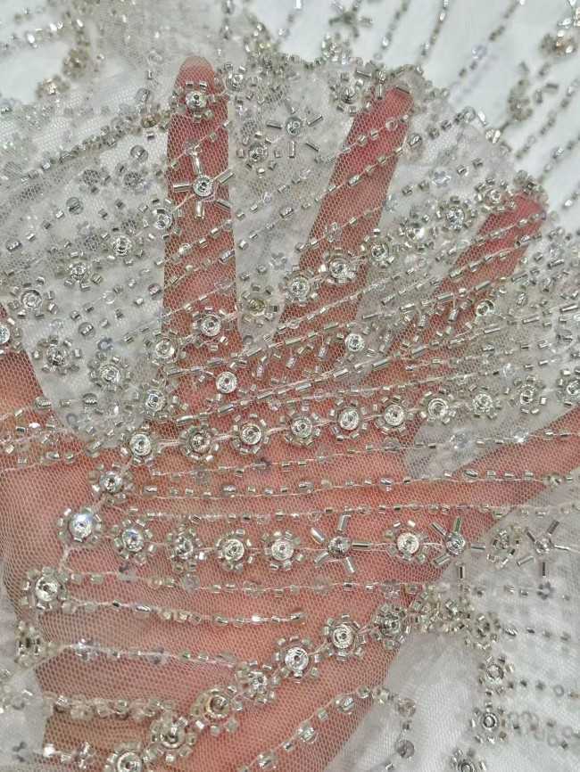 5 Yards Colorful Sequins Pearls Rhinestones Beaded Embroidered 3D Floral Lace Fabric Material For Dressmaking HN198