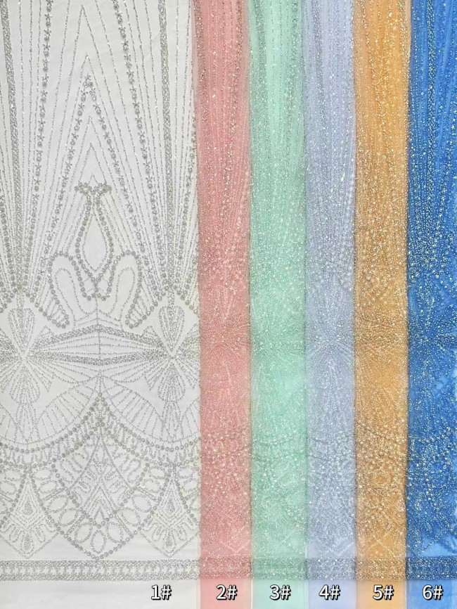 5 Yards Colorful Sequins Pearls Rhinestones Beaded Embroidered 3D Floral Lace Fabric Material For Dressmaking HN198