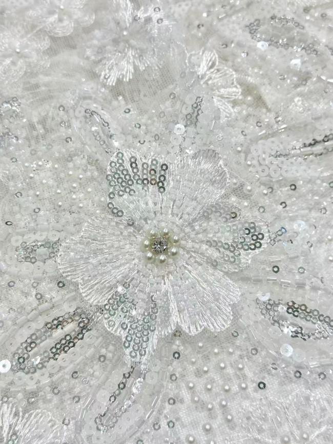 5 Yards Colorful Sequins Pearls Rhinestones Beaded Embroidered 3D Floral Lace Fabric Material For Dressmaking HN199