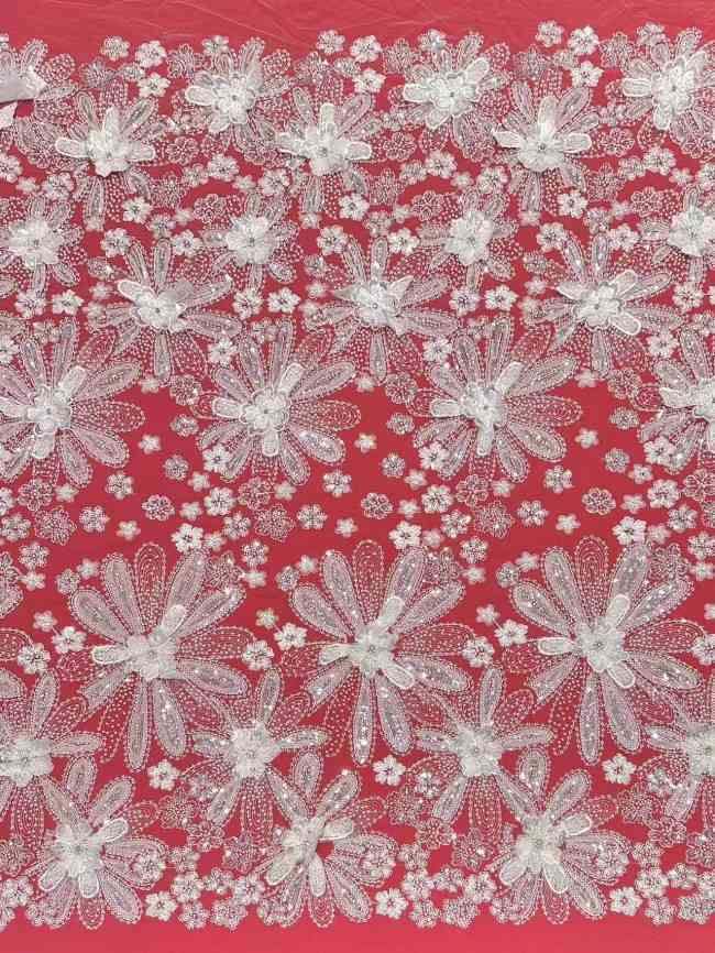 5 Yards Colorful Sequins Pearls Rhinestones Beaded Embroidered 3D Floral Lace Fabric Material For Dressmaking HN199