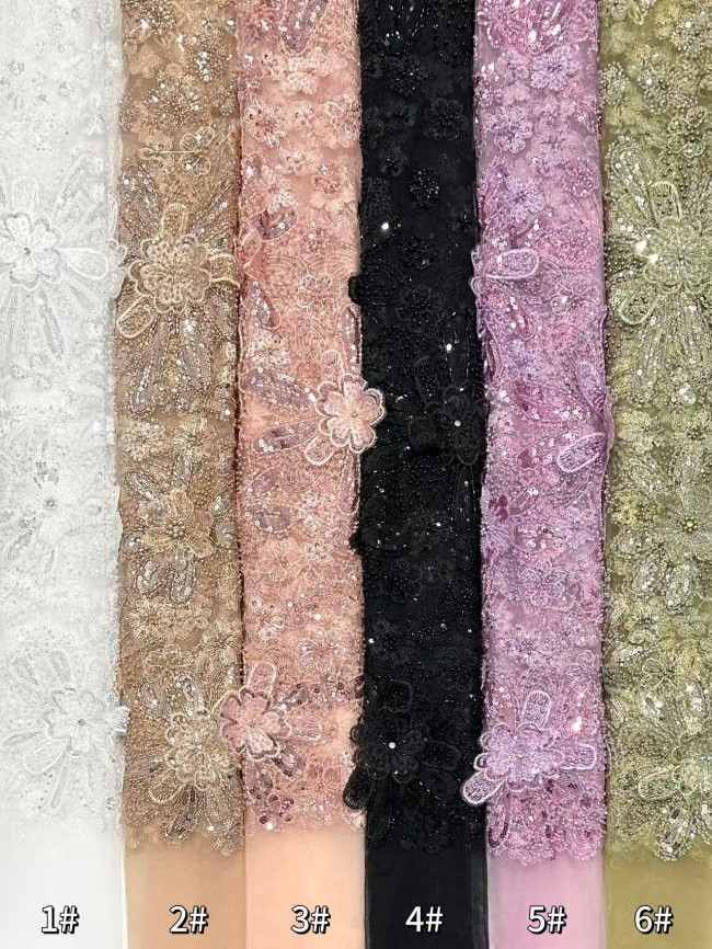 5 Yards Colorful Sequins Pearls Rhinestones Beaded Embroidered 3D Floral Lace Fabric Material For Dressmaking HN199