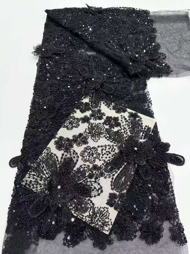 5 Yards Colorful Sequins Pearls Rhinestones Beaded Embroidered 3D Floral Lace Fabric Material For Dressmaking HN199