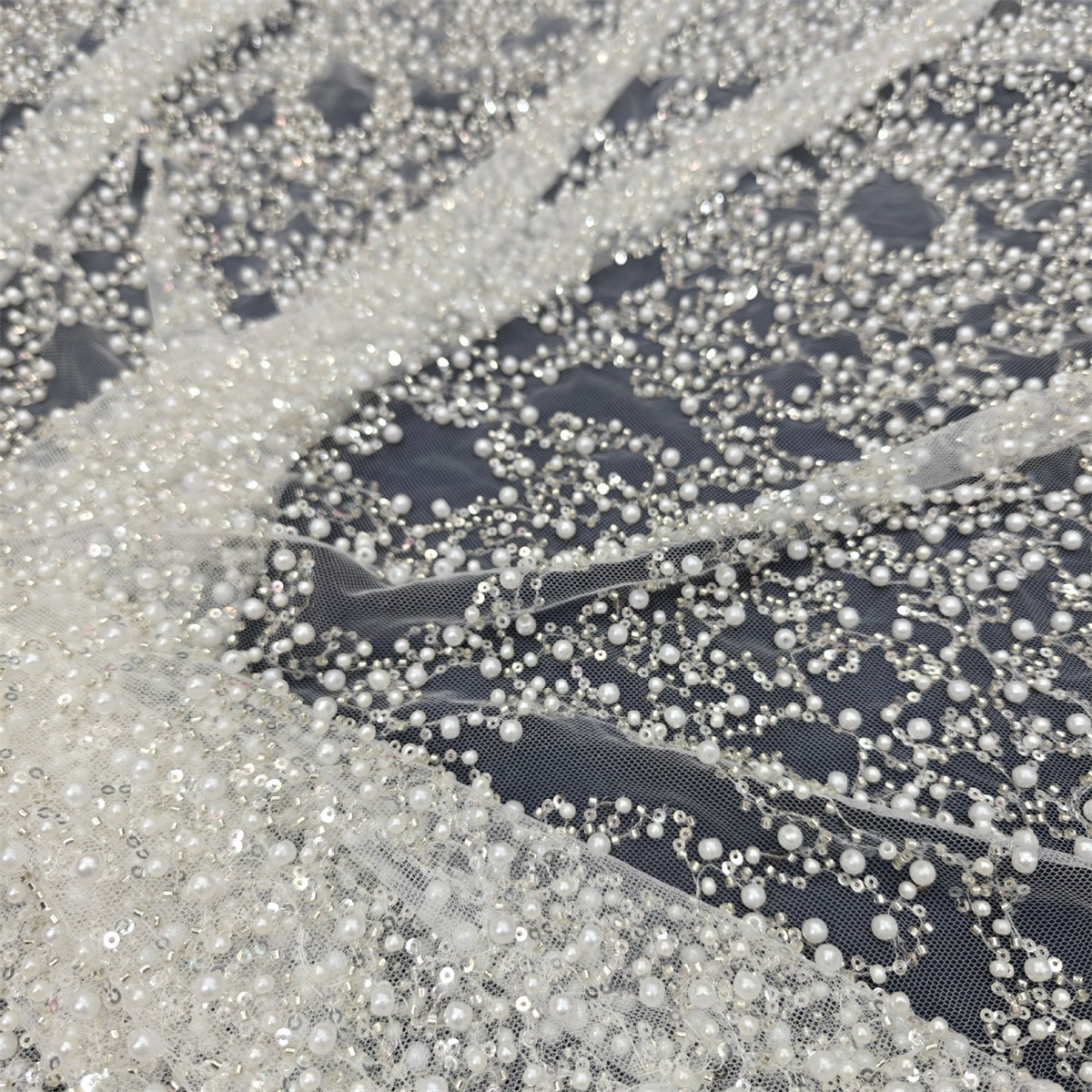 Luxury Crystal Beaded Pearl Embroidered Bridal Lace Fabric – 5 Yards for Wedding Dresses (Off White)