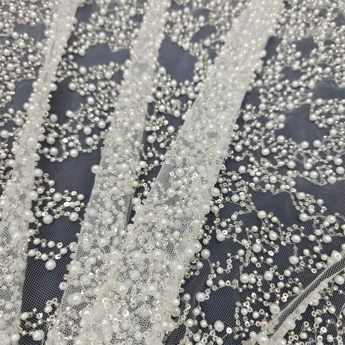Luxury Crystal Beaded Pearl Embroidered Bridal Lace Fabric – 5 Yards for Wedding Dresses (Off White)