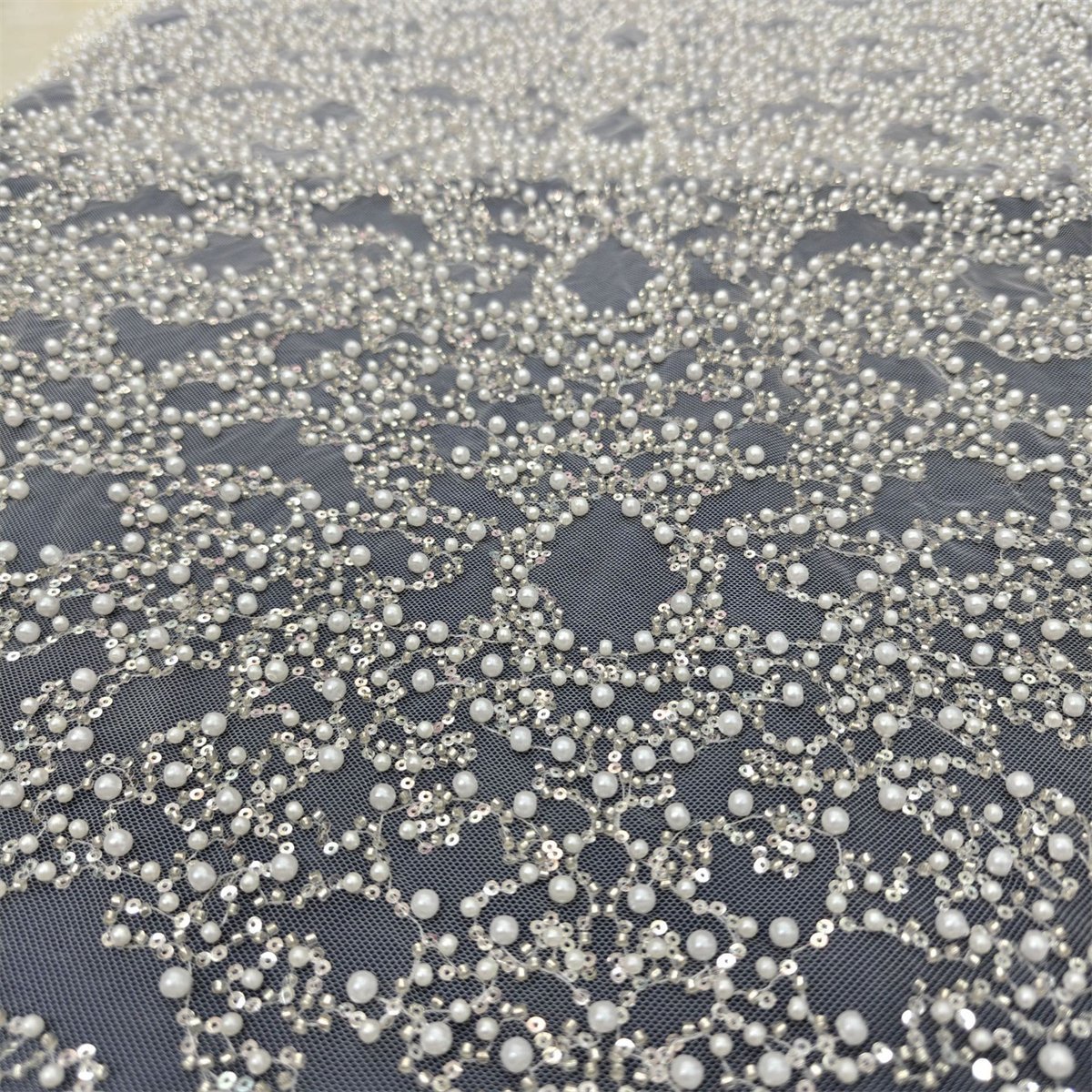 Luxury Crystal Beaded Pearl Embroidered Bridal Lace Fabric – 5 Yards for Wedding Dresses (Off White)