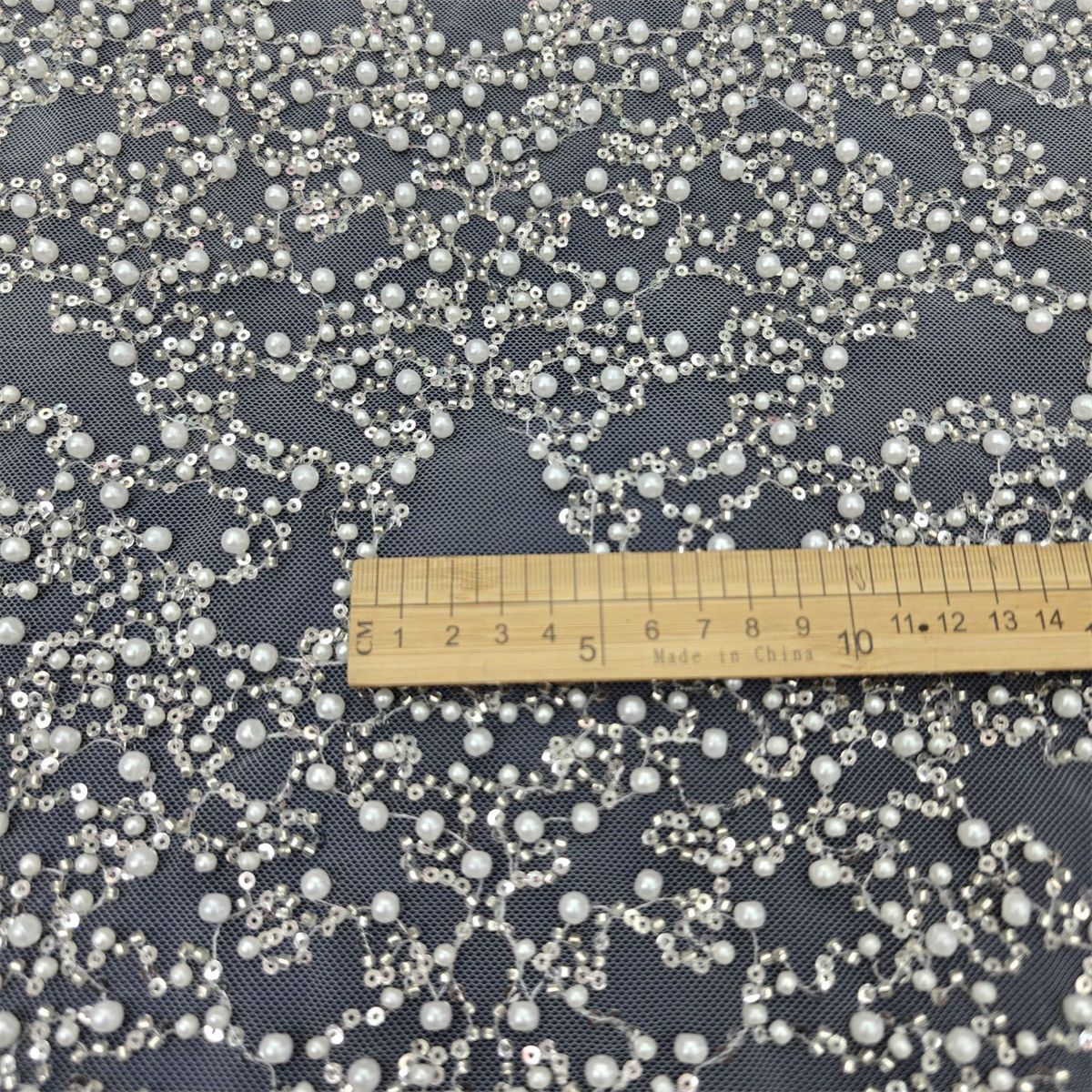 Luxury Crystal Beaded Pearl Embroidered Bridal Lace Fabric – 5 Yards for Wedding Dresses (Off White)
