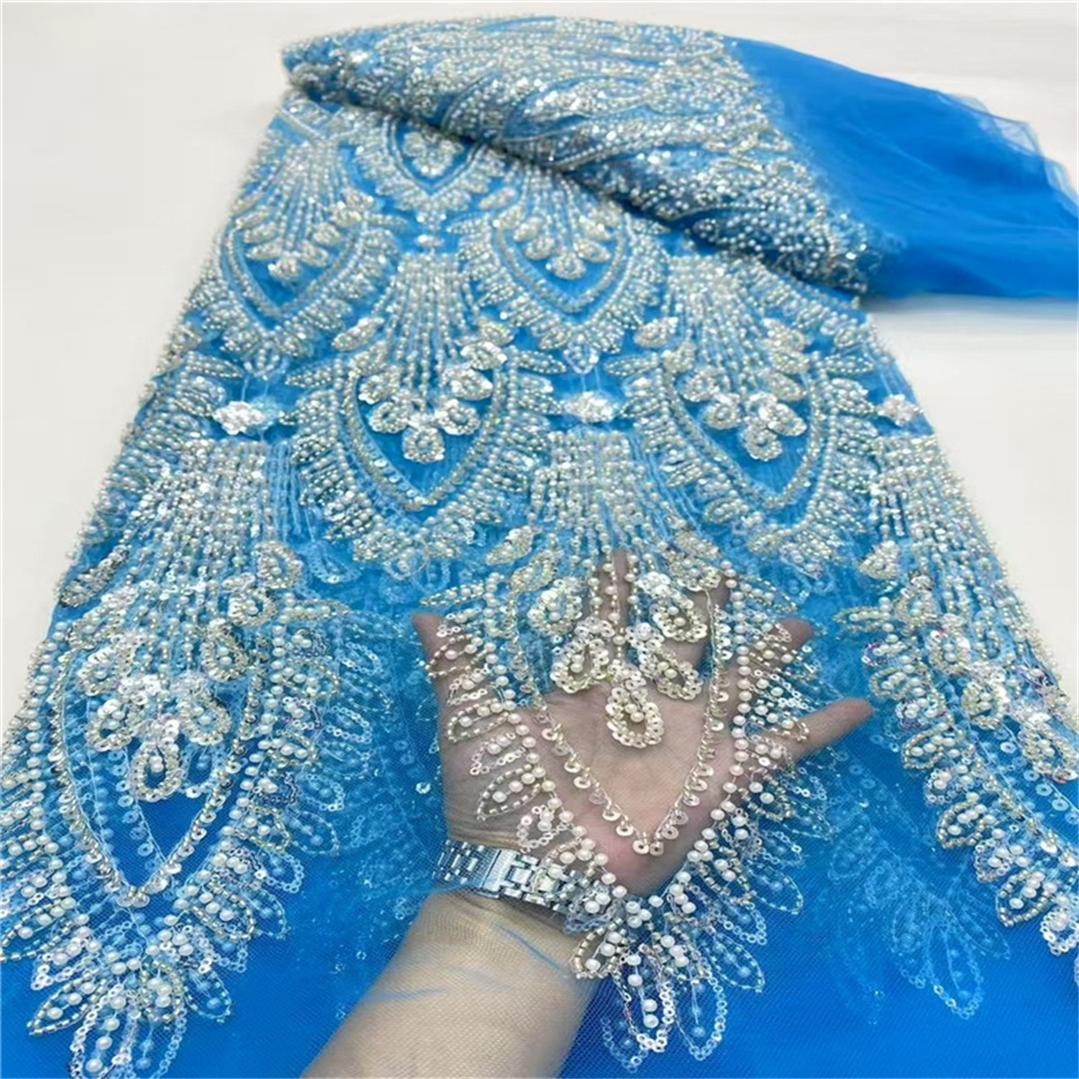 Luxury Crystal Beaded Pearl Embroidered Lace Fabric – 5 Yards for Wedding & Evening Dresses