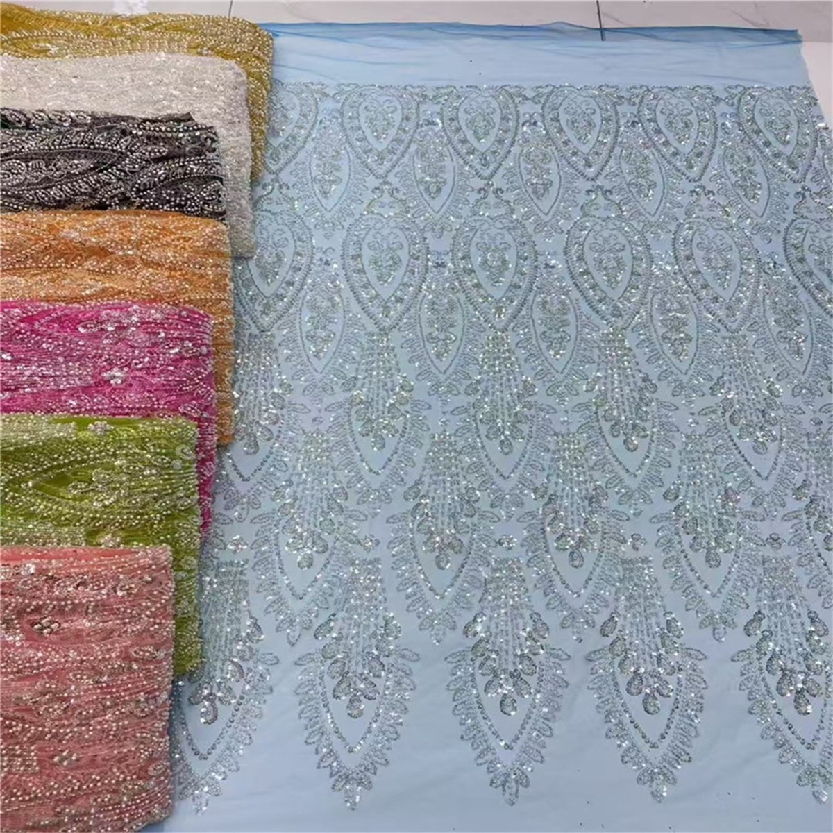 Luxury Crystal Beaded Pearl Embroidered Lace Fabric – 5 Yards for Wedding & Evening Dresses