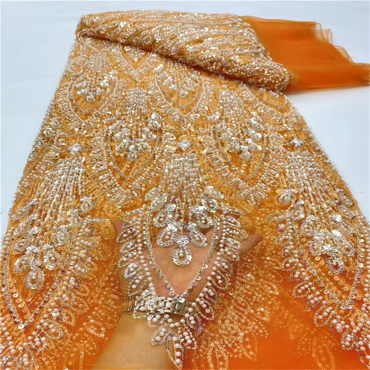 Luxury Crystal Beaded Pearl Embroidered Lace Fabric – 5 Yards for Wedding & Evening Dresses