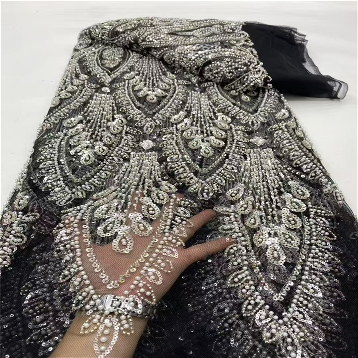 Luxury Crystal Beaded Pearl Embroidered Lace Fabric – 5 Yards for Wedding & Evening Dresses