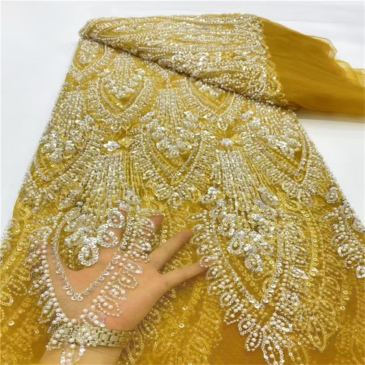 Luxury Crystal Beaded Pearl Embroidered Lace Fabric – 5 Yards for Wedding & Evening Dresses