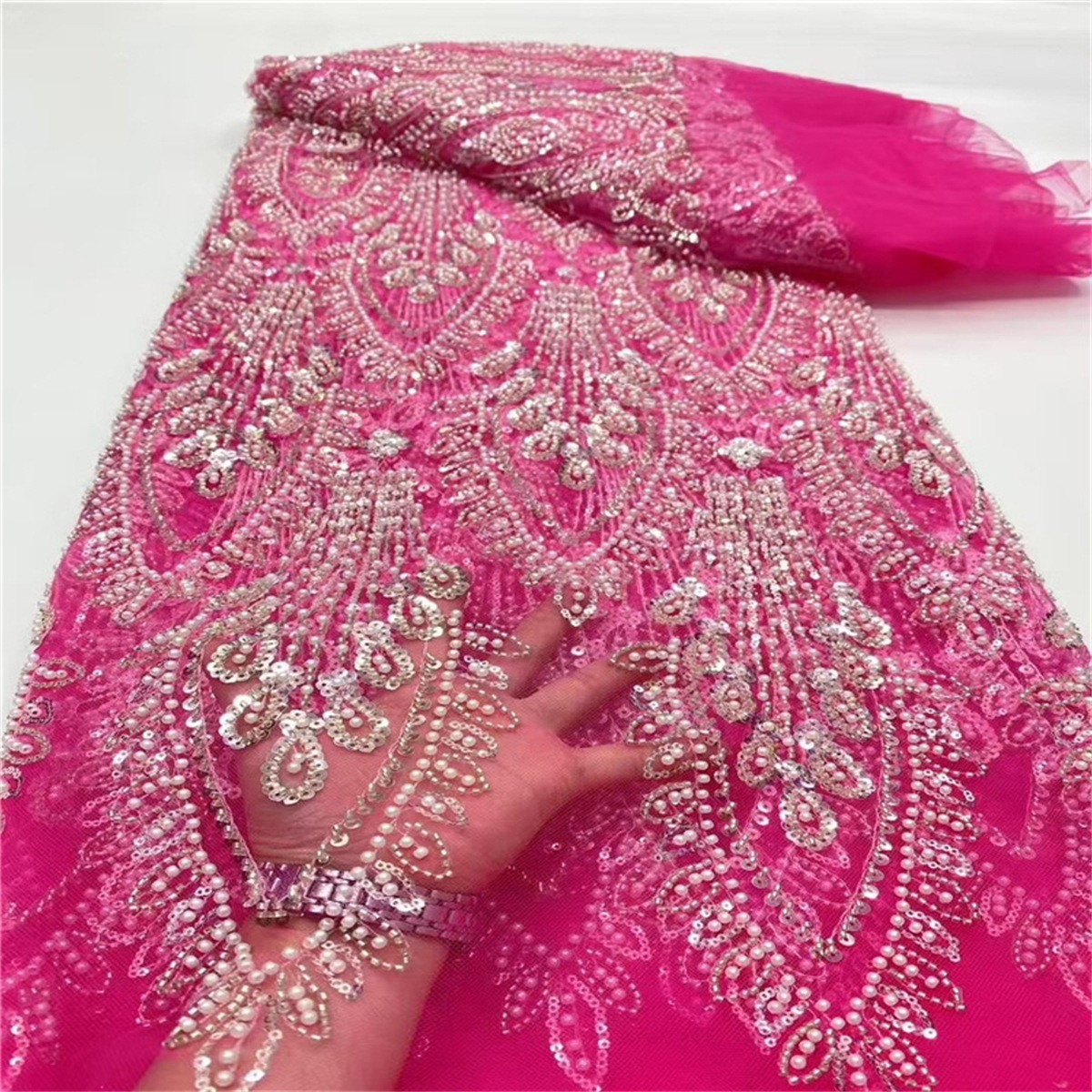 Luxury Crystal Beaded Pearl Embroidered Lace Fabric – 5 Yards for Wedding & Evening Dresses