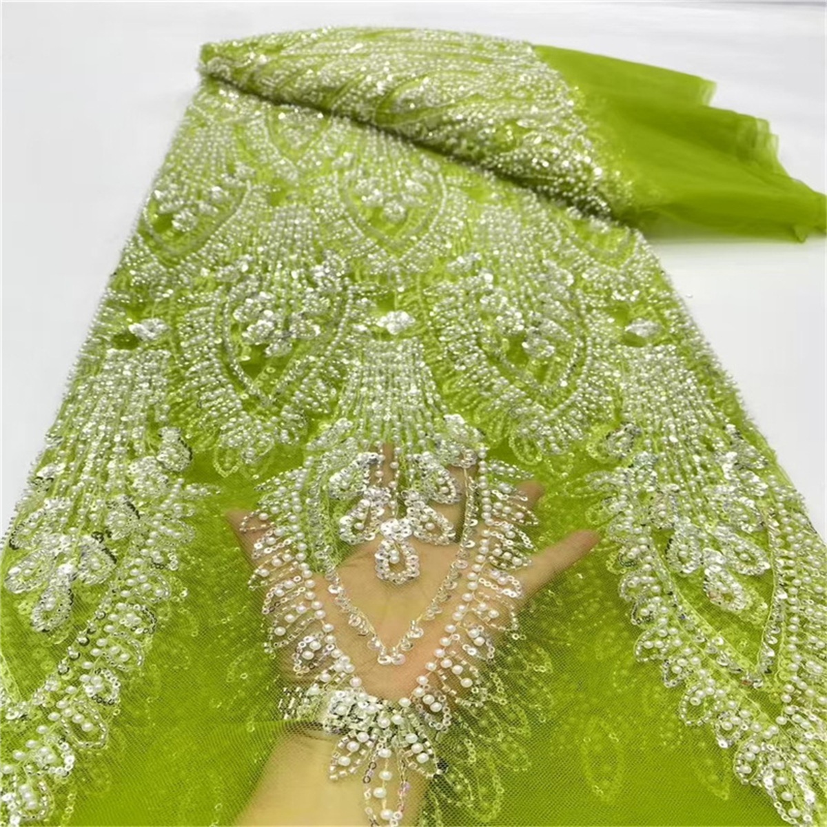 Luxury Crystal Beaded Pearl Embroidered Lace Fabric – 5 Yards for Wedding & Evening Dresses