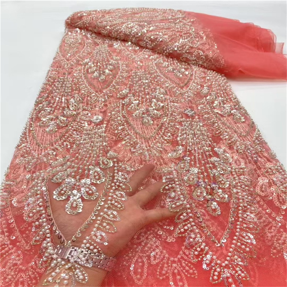 Luxury Crystal Beaded Pearl Embroidered Lace Fabric – 5 Yards for Wedding & Evening Dresses