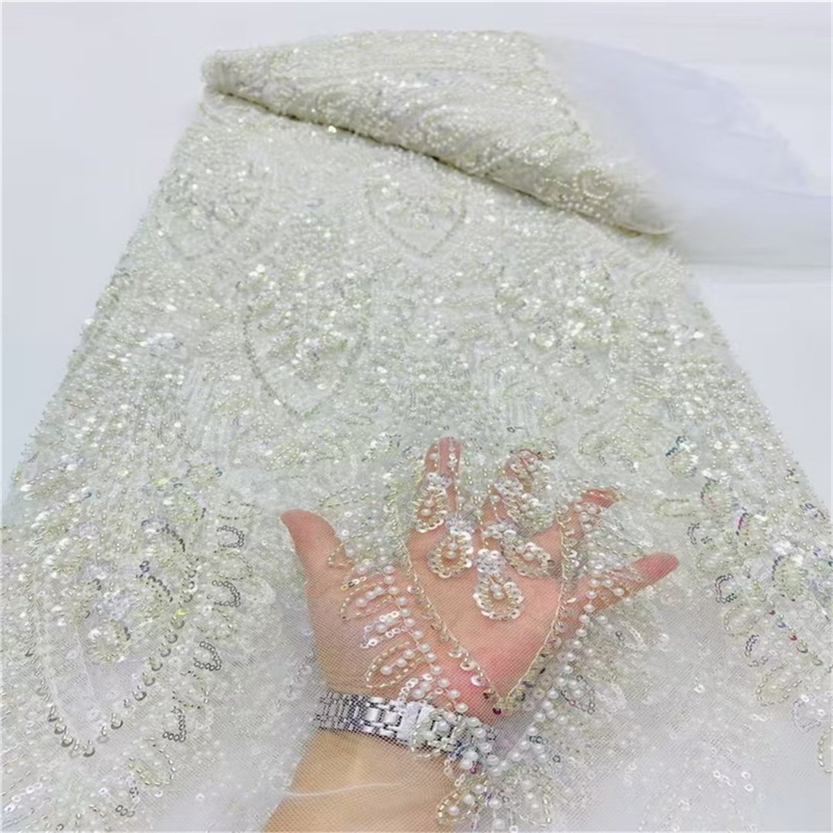 Luxury Crystal Beaded Pearl Embroidered Lace Fabric – 5 Yards for Wedding & Evening Dresses