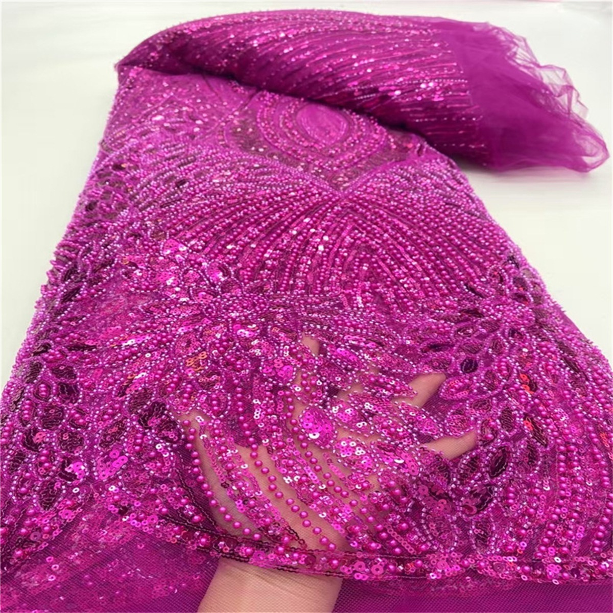 Luxury Crystal Beaded Pearl Embroidered Lace Fabric – 5 Yards for Wedding & Evening Dresses