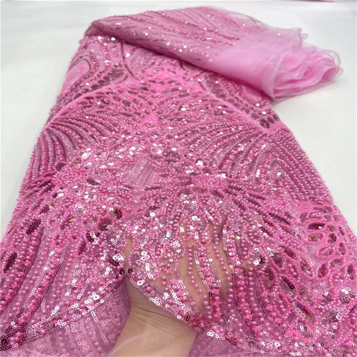 Luxury Crystal Beaded Pearl Embroidered Lace Fabric – 5 Yards for Wedding & Evening Dresses