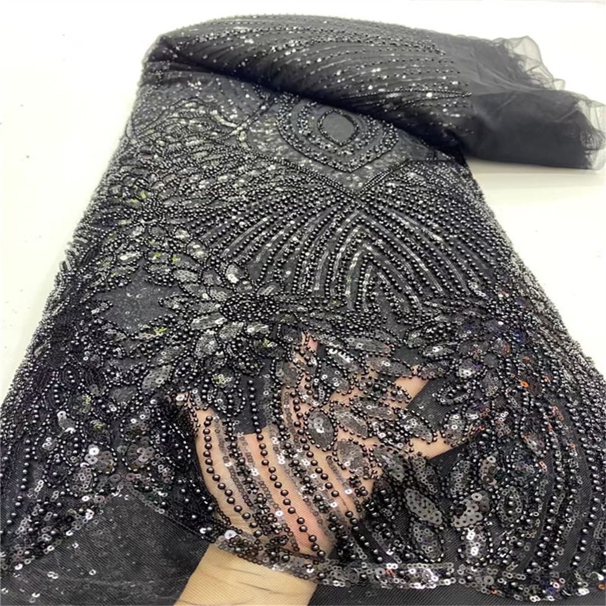 Luxury Crystal Beaded Pearl Embroidered Lace Fabric – 5 Yards for Wedding & Evening Dresses
