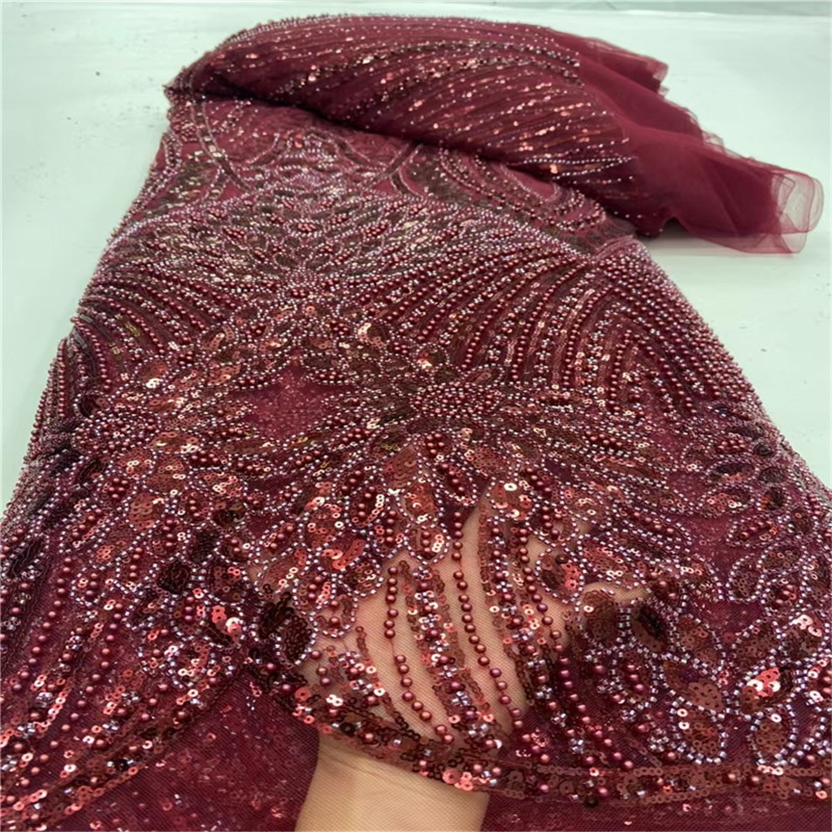 Luxury Crystal Beaded Pearl Embroidered Lace Fabric – 5 Yards for Wedding & Evening Dresses